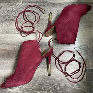 Qupid Red Suede Tie Up Gold Heels. Size-9
